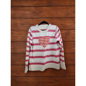 Womens Pink Cream Striped Heart Sweater Red Graphic Long Sleeve Pullover